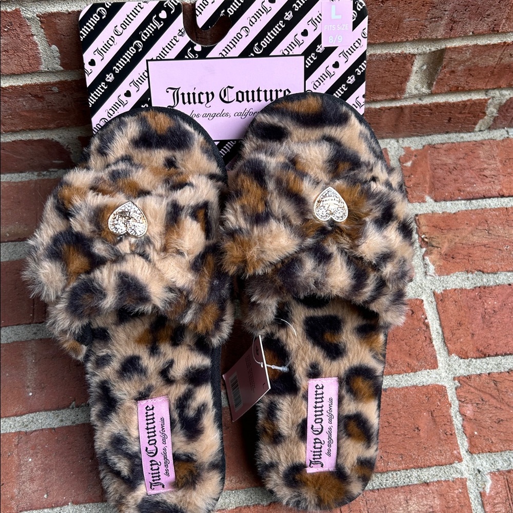 JUICY COUTURE LEOPARD Print Faux Fur Big Bow Open Toe Logo Heart Slide Slippers